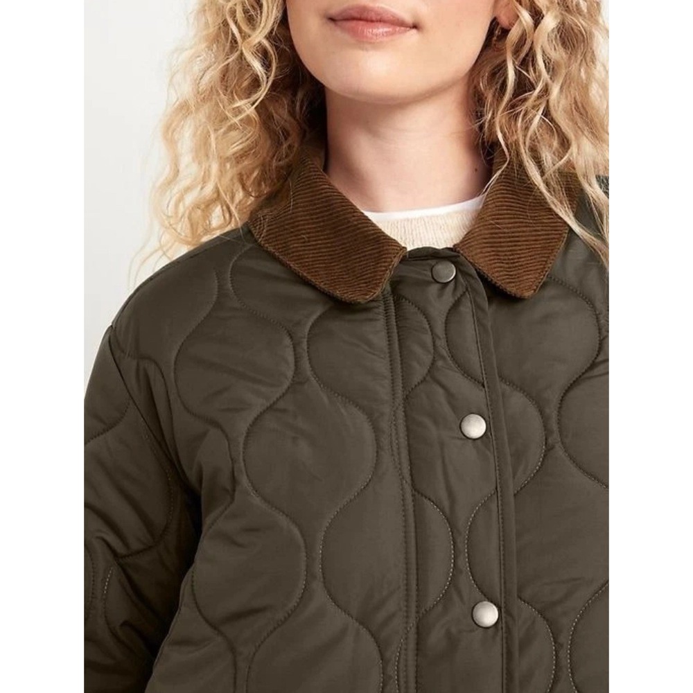 Old Navy Quilted Barn Chore Jacket Corduroy Collar Coat Womens Small Olive Green - Picture 8 of 8